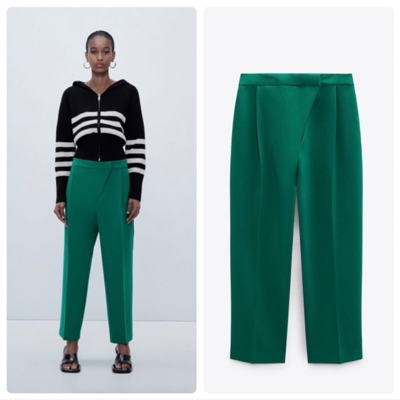 Zara Crossover Pleated Green Pants Size S - Picture 2 of 7